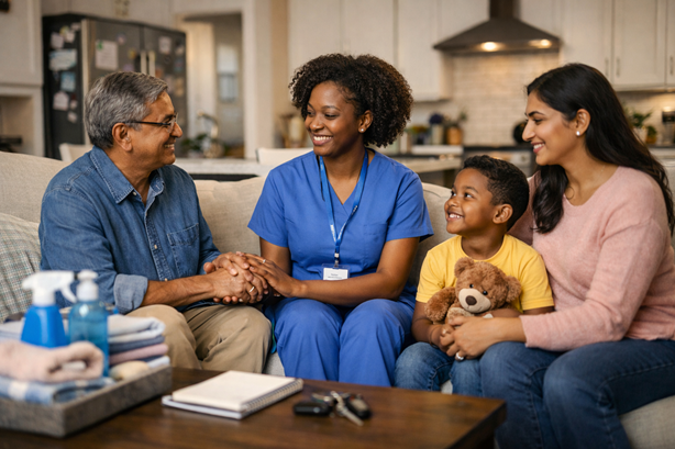 Caregiver reviewing a home safety checklist with a senior in a living room
